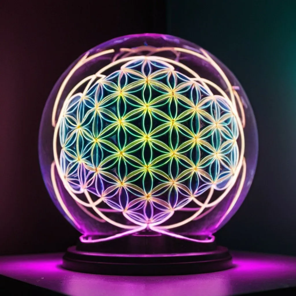 Prompt: A flower of life sphere with neon lights shining through it