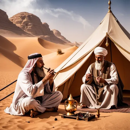 Prompt: A wizard smoking from a pipe in front of an Arabic king in the dessert. There is incense burning in the tent. 