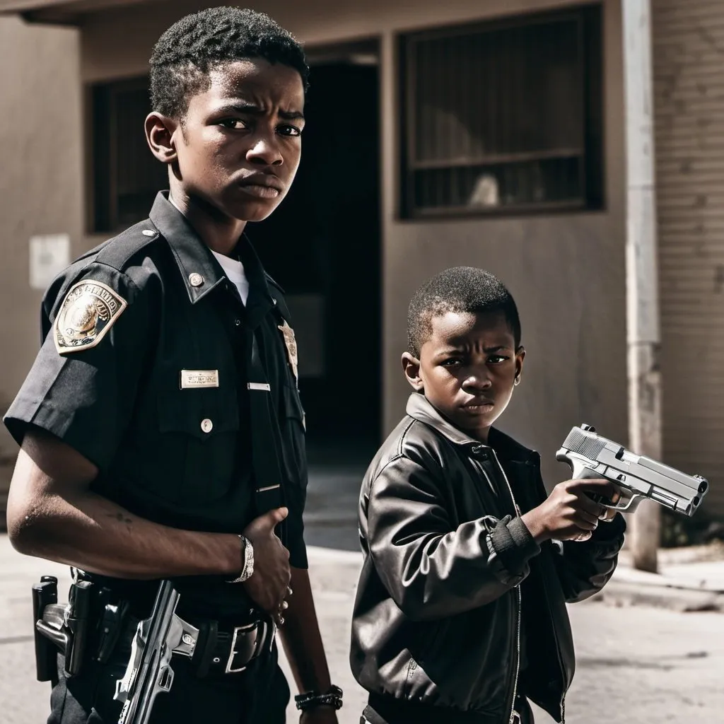 Prompt: A ghetto gangster kid holding a gun against a cop who is filthy and ugly
