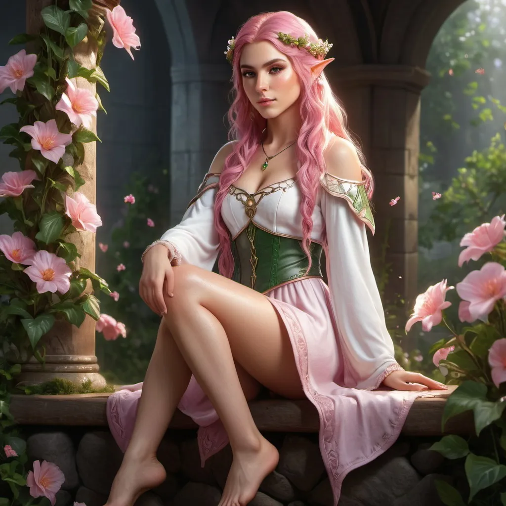 Prompt: full body, feet, stunning legs, barefoot, Photorealistic portrait of a female elf cleric in her twenties, pink wavy hair, small flowers in hair, atmospheric light, high quality, detailed hair, realistic lighting, professional, detailed facial features, detailed coloring, high resolution, realistic rendering, detailed hands, 