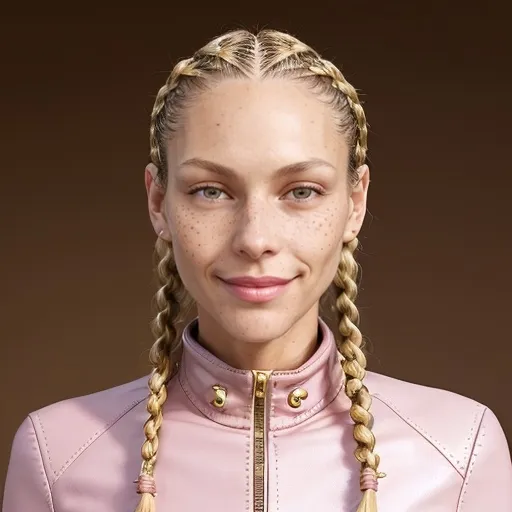 Prompt: An attractive 45 year old tall, leggy, 6’7” ft tall, light-skinned Caucasian female with pink gold-colored completely colored Hair, long neck, oblong-shaped female head, wearing a pink gold-colored skin-tight full zip collared ribbed leather jacket, slicked down pink gold-colored, sleek, straight and neat, flat long cornrow braids, freckles, skinny build, skinny frame, front view only, smile, well-detailed face, focused on face, facing the camera, high-quality face, perfect picture