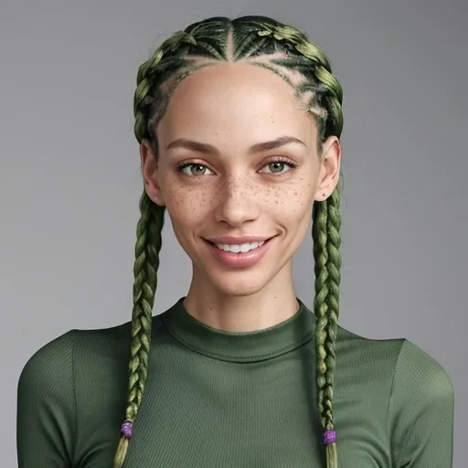 Prompt: An attractive and youthful 41 year old tall, leggy, 6’12.5" tall, ultra-light-skinned biracial female with green-colored completely colored Hair, long neck, oblong-shaped female head, wearing a green-colored long-sleeved ribbed tee, green-colored individual skinny long cornrow box braids, skinny build, freckles, skinny frame, front view only, smile expression, well-detailed face, focused on face, facing the camera, high-quality face, perfect picture