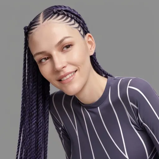 Prompt: An attractive 34.5-year-old tall, leggy, 6 ft 12" tall, ultralight-skinned Caucasian Israeli female with dark periwinkle-colored completely colored Hair, oblong-shaped female head, wearing A tight, form-fitting dark periwinkle-colored extra-long-sleeve striped t-shirt, finished with long flat individual cornrows, slim build, thin frame, front view only, smile, well-detailed face, focused on face, facing the camera, high-quality face, perfect picture