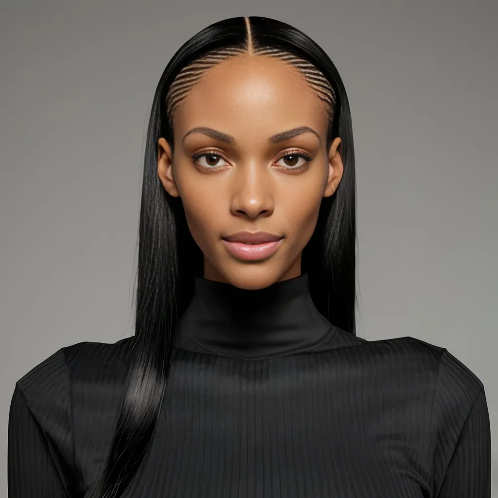 Prompt: An attractive, 29 year old Tall, leggy, 6’6 foot tall, light-skinned African American female, oblong-shaped female head, sleek black straight long hair that’s slicked down, black long sleeve crew neck ribbed tee, skinny build, front view only, well-detailed face, smile, focused on face, high-quality face