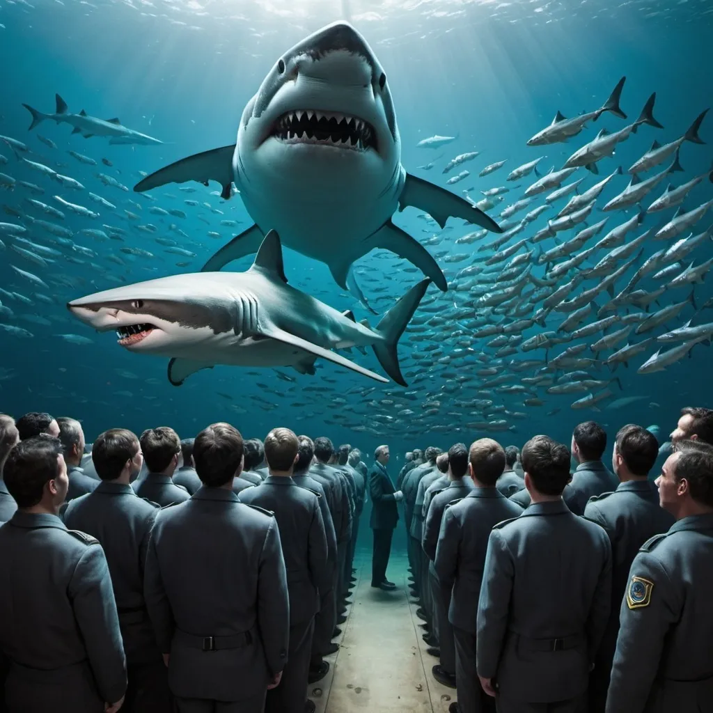 Prompt: a thousand men in a submarine looking at a shark eating a school of fish