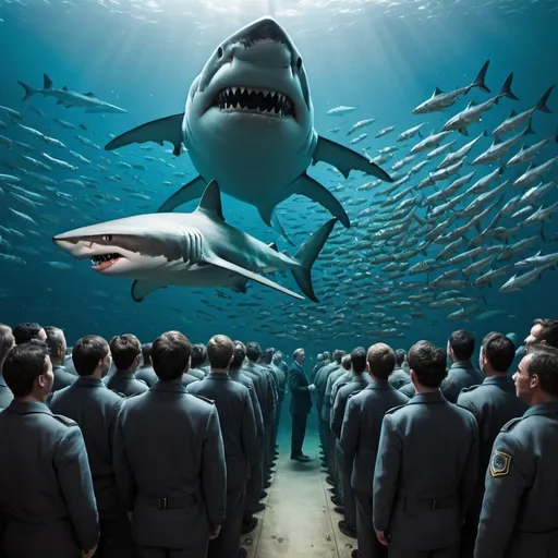 Prompt: a thousand men in a submarine looking at a shark eating a school of fish