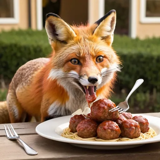 Prompt: a fox eating meatballs at olive garden.