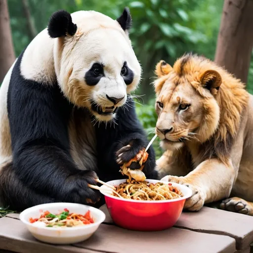 Prompt:  a panda eating panda express  while a lion serves him