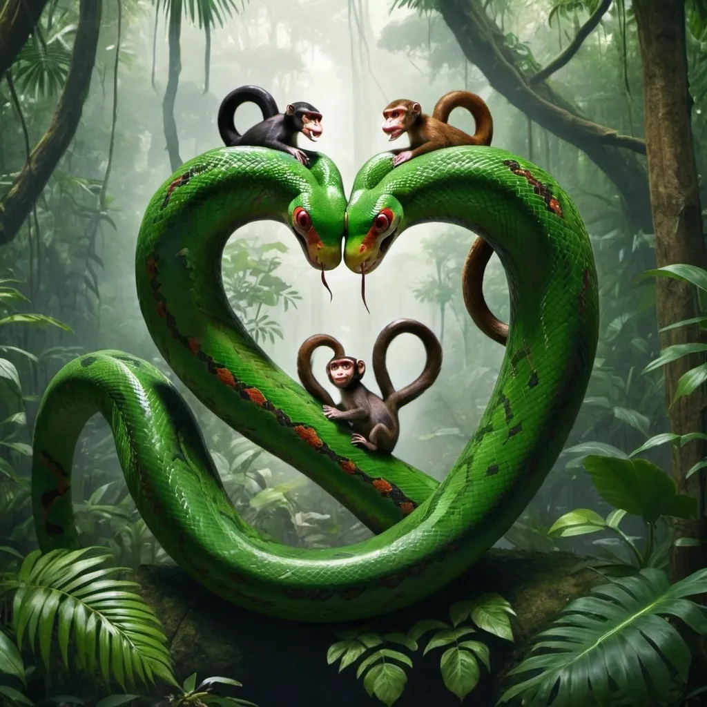 Prompt: 2 snakes making a hart shape in a rainforest with monkeys