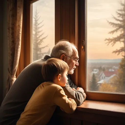 Prompt: An old man looking outside trough window with his child