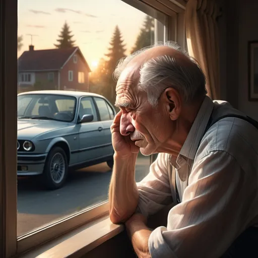 Prompt: An old man looking outside trough window and seeing his son with a bmw the oldman cries