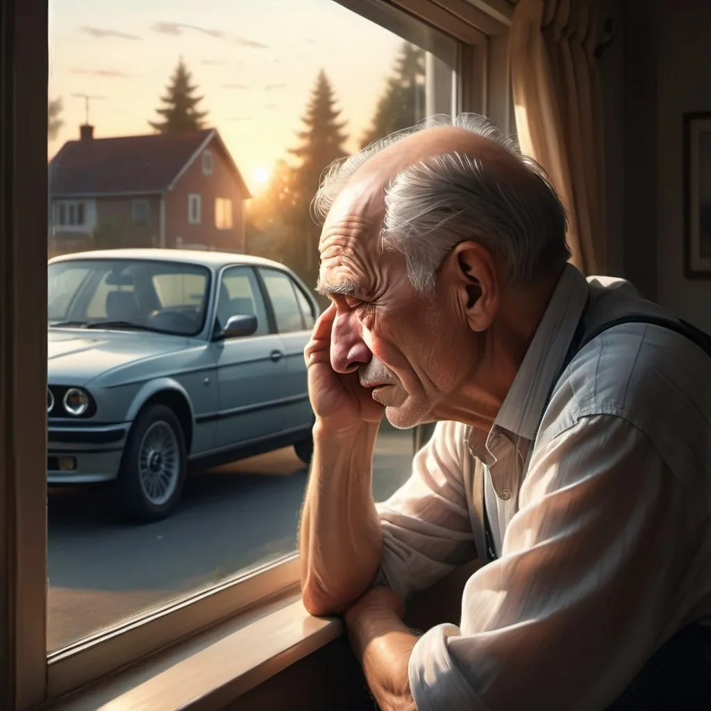 Prompt: An old man looking outside trough window and seeing his son with a bmw the oldman cries