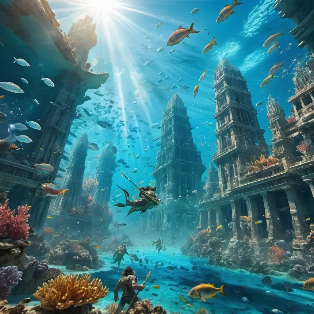 Prompt: In underwater the sun is shining and two underwater tribes are gighting eachother with 10k men while the underwater city is watching them
