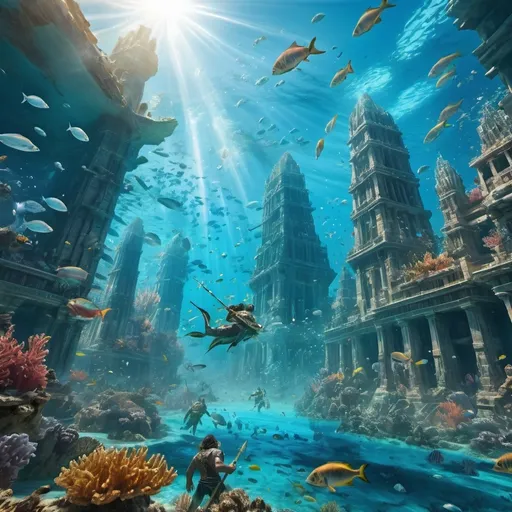 Prompt: In underwater the sun is shining and two underwater tribes are gighting eachother with 10k men while the underwater city is watching them
