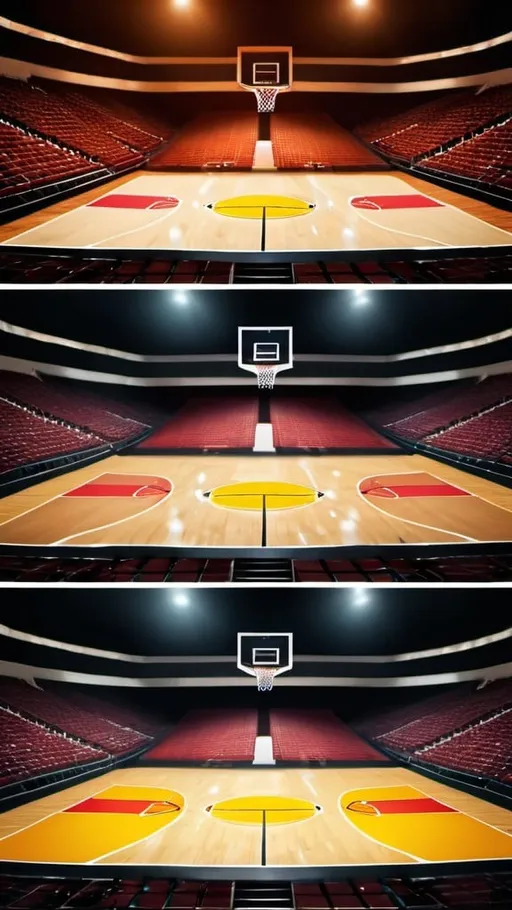 Prompt: create a empty basketball court with crowd sitting in the stadium and image should show both basket nets of basketball court from right side.

Also write Basket Dunk in fire blaze style in the middle of image.