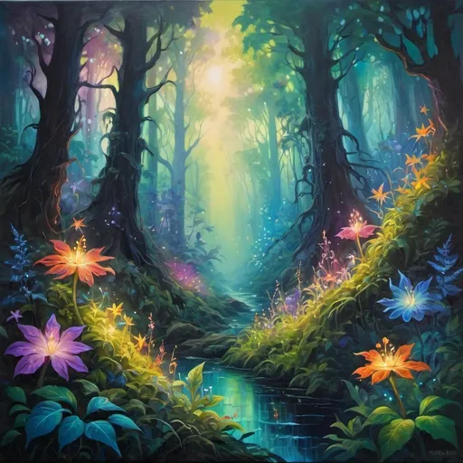 Prompt: Vibrant oil painting of a mystical forest, lush foliage, glowing magical flowers, enchanting fairy silhouette, high quality, oil painting, mystical, vibrant colors, glowing flowers, detailed foliage, enchanting fairy, atmospheric lighting