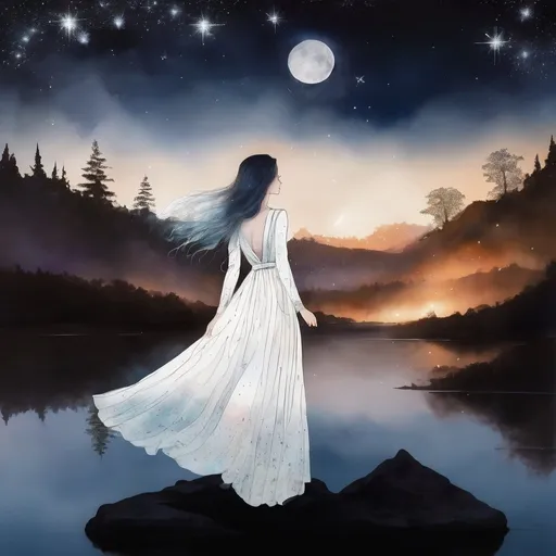 Prompt: In a quiet place under a canopy of twinkling stars, stands a beautiful woman illuminated by the soft glow of moonlight. Her silhouette sparkles against the dark night sky, creating a captivating contrast that highlights her elegance and grace.

She has flowing hair that seems to shimmer and dance in the gentle night breeze, reflecting the soft light of the stars above. Her eyes sparkle with a mysterious allure, reflecting the constellations dotting the sky.

Her outfit is simple yet elegant, a flowing dress that seems to mimic the movement of the night sky itself. It gently swirls around her as she stands, creating a dream-like aura that adds to her ethereal beauty.

When she gazes at the stars, her expression is filled with a sense of wonder and awe. Her connection to the universe is clear, as if she possesses a secret understanding of the mysteries of the universe.

Surrounded by forests and waterfalls, this woman embodies the eternal allure of heaven. Its presence is both soothing and enchanting, making it a charming focal point against the backdrop of the starry night.

The night has the feel of a blood moon.