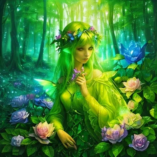 Prompt: Vibrant oil painting of a mystical forest, lush foliage, glowing magical flowers, enchanting fairy silhouette, high quality, oil painting, mystical, vibrant colors, glowing flowers, detailed foliage, enchanting fairy, atmospheric lighting