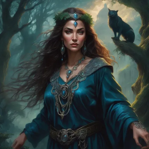 Prompt: A (powerful sorceress) threatening Rome, casting spells amidst an enchanted forest, commanding wild beasts at her side, all view dramatic enchanted atmosphere, shadows and creeping vines, vibrant greens and mystical blues, ominous stormy skies, intricate details of her flowing robes, elaborate ancient jewelry, high-quality, ultra-detailed portrait, captivating and fierce presence.