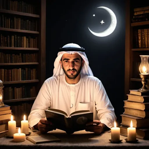 Prompt: A wise Arab man bearing a book inside his room surrounded by books and candles on a dark night.
