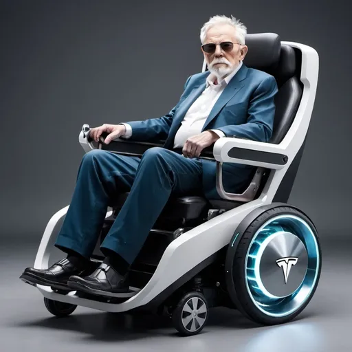 Prompt: The image of  futuristic Tesla electric wheel chair with an old man with sun glasses sitting in it