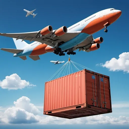 Prompt: flight fly cross lots of cargo，bule sky，shocked，international commerce，bussiness web page picture