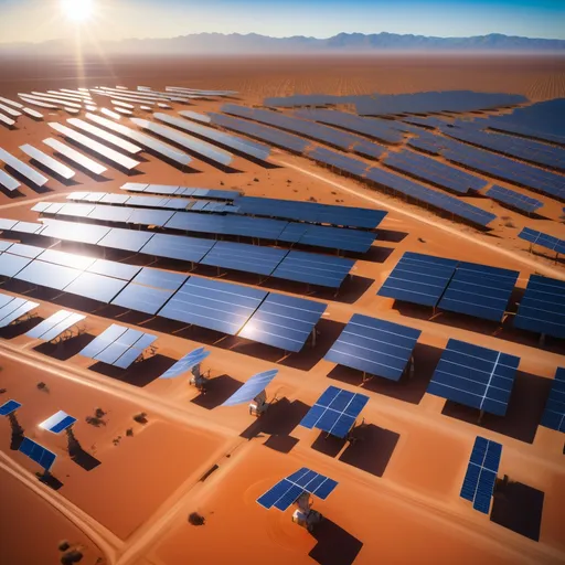 Prompt: A vast solar farm stretching across the desert, with thousands of solar panels reflecting the bright sunlight. Engineers in futuristic uniforms inspect the installations, monitoring clean energy production. Drones hover above, scanning the efficiency of the panels. The atmosphere is modern, eco-friendly, and innovative, symbolizing the future of sustainable energy.