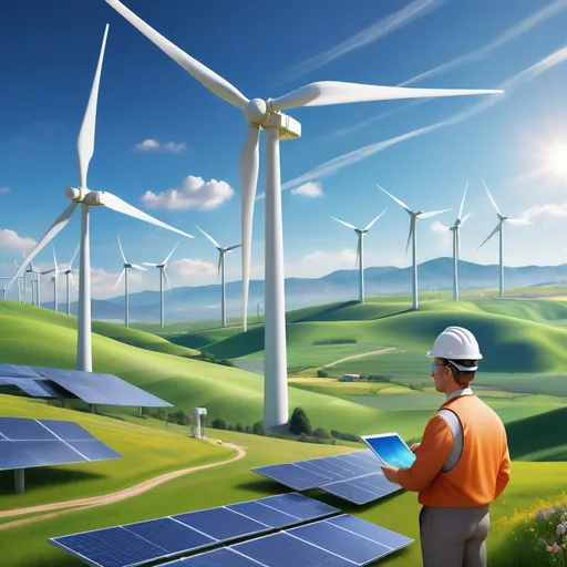 Prompt: "A futuristic landscape filled with renewable energy sources. Massive wind turbines spin gracefully on rolling green hills, while large solar farms absorb sunlight under a clear blue sky. In the foreground, a scientist or engineer in a hard hat inspects a control panel, ensuring efficient energy production. The image represents hope, innovation, and the shift toward clean energy solutions