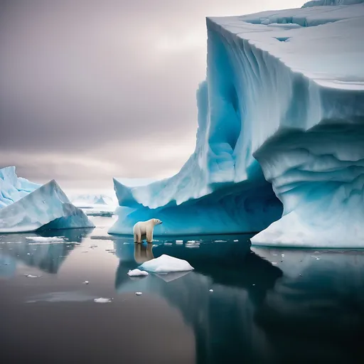 Prompt: "A breathtaking yet alarming scene of massive icebergs melting in the Arctic Ocean. The clear blue ice slowly dissolves into the rising sea, with cracks forming across the glacier’s surface. A lonely polar bear stands on a shrinking iceberg, looking out into the distance. The atmosphere is dramatic, with misty cold air and a sense of urgency about climate change. National Geographic-style photography, high-definition details, and cinematic lighting