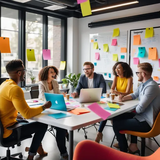 Prompt: "A modern startup office where a diverse team of young professionals is brainstorming ideas on a glass whiteboard. The workspace is filled with colorful sticky notes, laptops, and coffee cups, creating a vibrant and energetic environment. The team members are dressed casually, laughing and engaging in a dynamic discussion, representing teamwork, innovation, and collaboration.