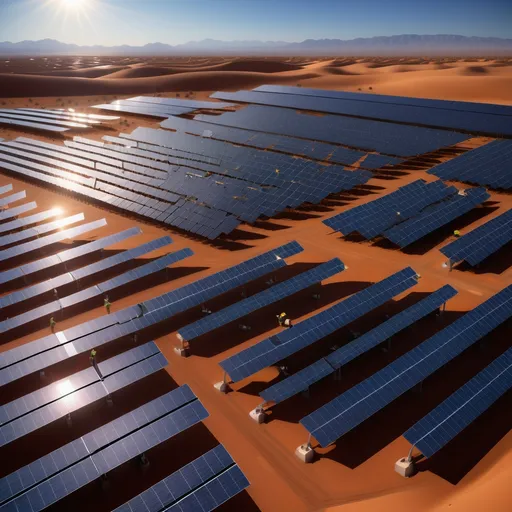 Prompt: A vast solar farm stretching across the desert, with thousands of solar panels reflecting the bright sunlight. Engineers in futuristic uniforms inspect the installations, monitoring clean energy production. Drones hover above, scanning the efficiency of the panels. The atmosphere is modern, eco-friendly, and innovative, symbolizing the future of sustainable energy.