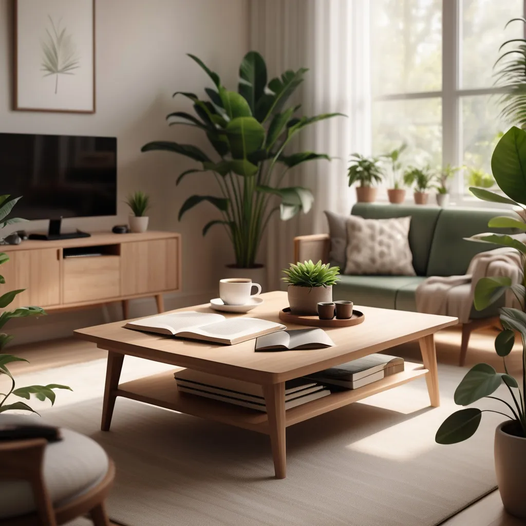 Prompt: A warm and inviting minimalist living room bathed in soft natural sunlight. A Scandinavian-style wooden coffee table sits elegantly on a neutral-toned rug, surrounded by lush green indoor plants. A stylish laptop, an open book, and a cup of coffee rest on the table, creating a peaceful and inspiring workspace. The atmosphere is calming, with modern furniture, earthy textures, and cozy home aesthetics."