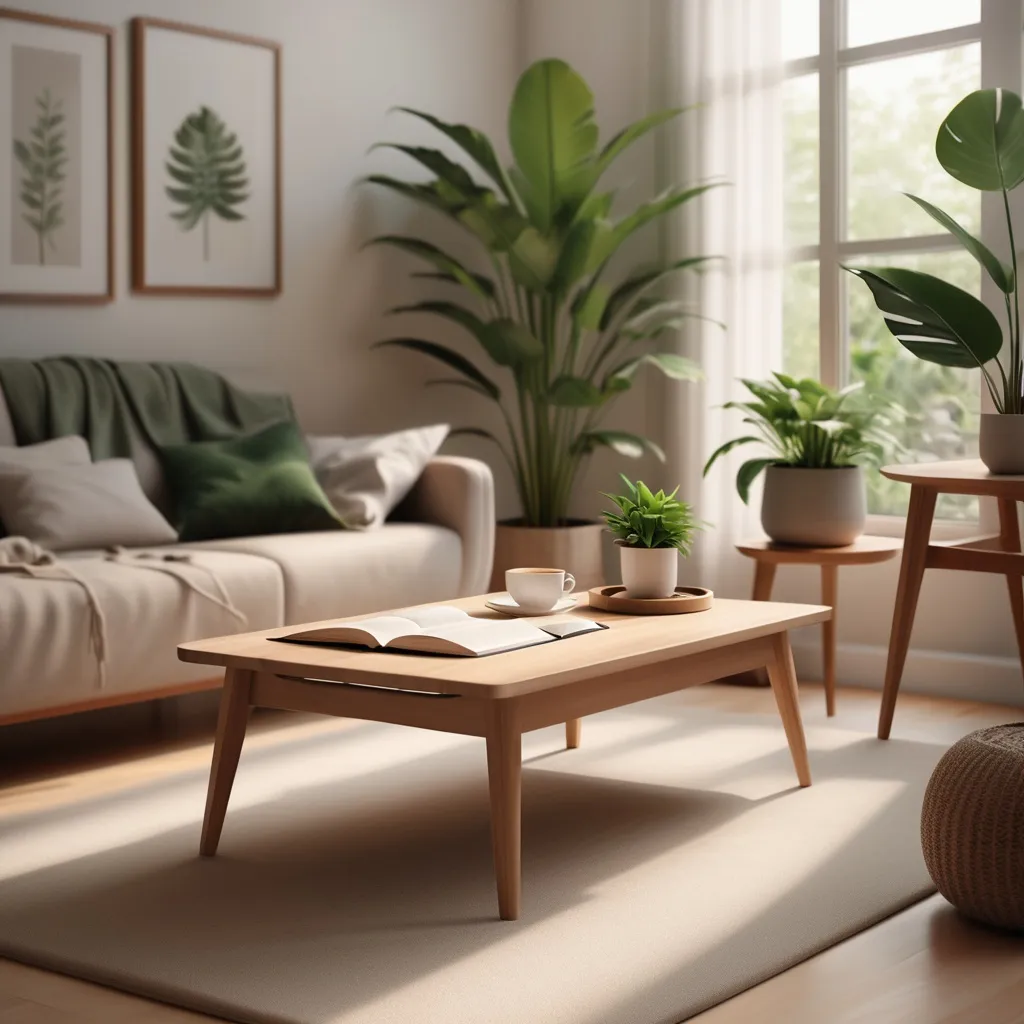 Prompt: A warm and inviting minimalist living room bathed in soft natural sunlight. A Scandinavian-style wooden coffee table sits elegantly on a neutral-toned rug, surrounded by lush green indoor plants. A stylish laptop, an open book, and a cup of coffee rest on the table, creating a peaceful and inspiring workspace. The atmosphere is calming, with modern furniture, earthy textures, and cozy home aesthetics."