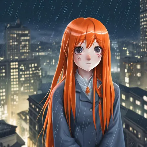 Prompt: Hyper realistic sad orihime inoue super realistic super detailed detalised orange hair sad girl standing on the top of the building at town in night in rain