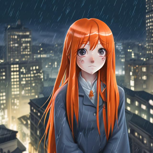 Prompt: Hyper realistic sad orihime inoue super realistic super detailed detalised orange hair sad girl standing on the top of the building at town in night in rain