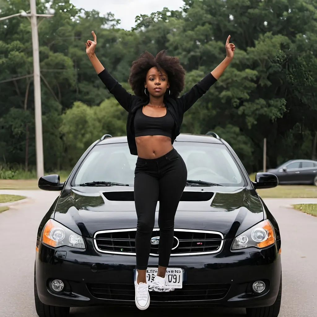 Prompt: A black girl standing  on a black car 