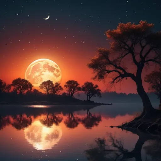 Prompt: Majestic sunset with a moon, golden and crimson hues, dramatic lighting, vibrant colors, serene atmosphere, clear sky with scattered stars, soft glowing moon casting subtle light, wide horizon, reflective water surface, silhouetted trees in the foreground, tranquil scene, high resolution, ultra-detailed, stunning contrast, cinematic depth, photorealistic masterpiece in 4K.