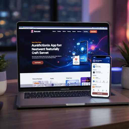 Prompt: A professional display of a modern website and mobile app interface shown on a sleek laptop and a smartphone, both placed on a stylish desk. Behind them, a vibrant digital background with tech elements, soft glowing lights, and abstract patterns. The interface features clean layout, elegant branding, and high-end design. No people. Warm, modern lighting with depth of field.

