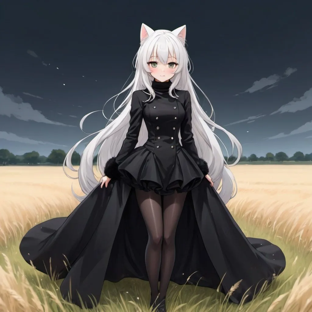 Prompt: anime drawn full body illustration cute, beautiful catgirl, white hair, black turtleneck, black fur overcoat, black full-length ballgown, standing in a field