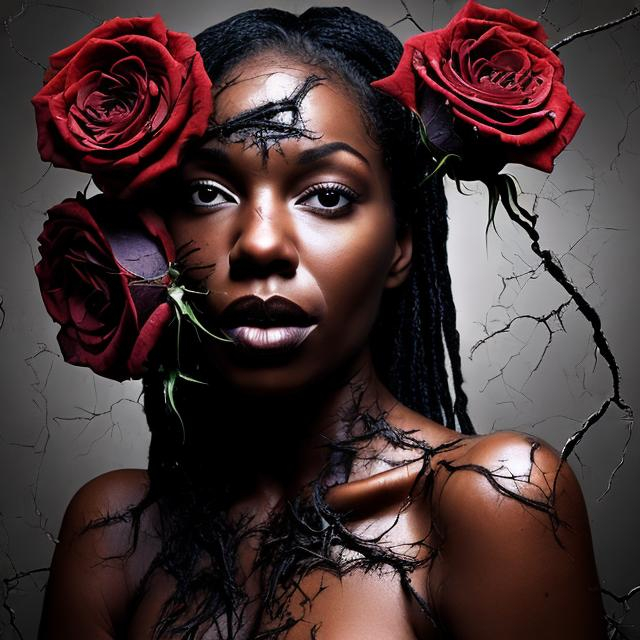 Prompt: Black woman with roses growing out of cracked skin