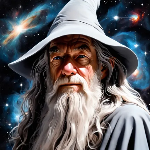 Prompt: Gandalf in space, stars, galaxies, black hole, nebula