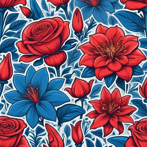 Prompt: Design a sticker featuring red flowers in various shapes (like roses, daisies, and lilies), sizes (small buds, medium blooms, large blossoms), and intricate petal patterns. The design should showcase vibrant blue hues with realistic or fantasy-inspired details, creating a detailed and visually striking floral arrangement."