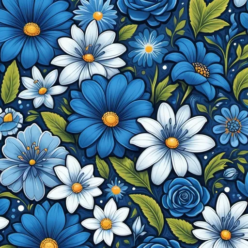 Prompt: Design a sticker featuring blue flowers in various shapes (like roses, daisies, and lilies), sizes (small buds, medium blooms, large blossoms), and intricate petal patterns. The design should showcase vibrant blue hues with realistic or fantasy-inspired details, creating a detailed and visually striking floral arrangement."