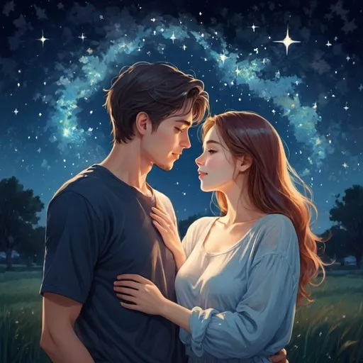 Prompt: two lovers consists of a woman and a man who are looks lovely each other in summer night, starry sky