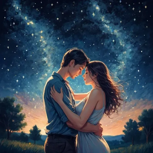 Prompt: two lovers consists of a woman and a man who are passionately attached to each other in summer night, starry sky