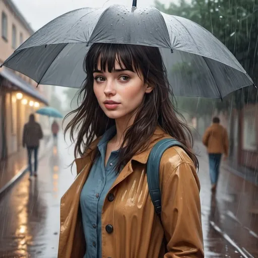 Prompt: brunette young woman with bangs walks under the rains, illustration