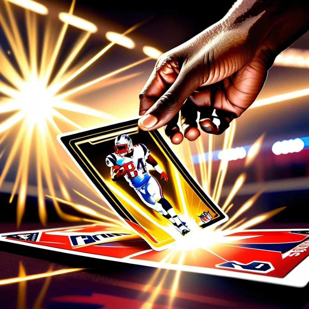 Prompt: Half of the card showing  Patriots Kendrick Bourne 84 gaming set up  background Anime-style illustration of a golden NFL card being pulled out of a pack, hand reaching for it with radiant light, high quality, anime, detailed hand, golden card, pack of cards, radiant light, intense color contrast, dynamic motion, professional, atmospheric lighting