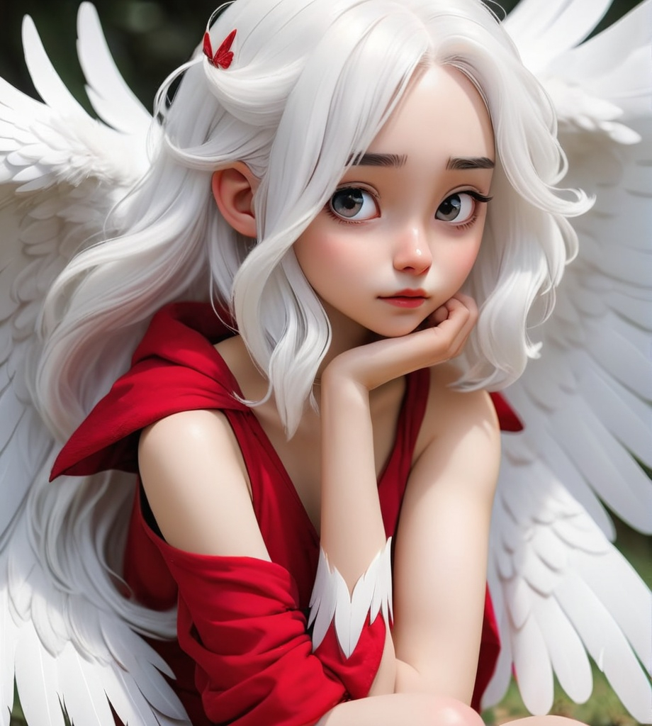 Prompt: Girl with white hair and white wings and bare feet 🦶🏻 