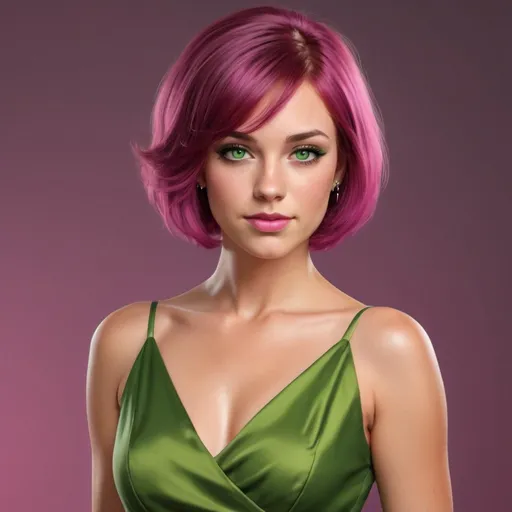 Prompt: A realistic depiction of an attractive young, caucasian, short woman with magenta, shoulder length hair, an olive tan, and green eyes wearing a club dress and heels.