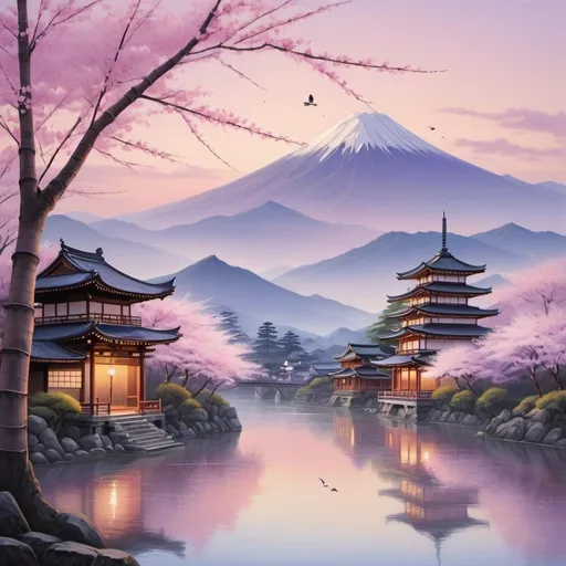 Prompt: Picture a serene landscape in ancient Japan at dawn. The scene is painted with soft hues of purple and pink as the first light of the sun peeks over distant mountains, casting a gentle glow across the land. In the foreground, a traditional Japanese village nestled among lush greenery begins to awaken. Wisps of mist rise from tranquil ponds and winding rivers, adding a mystical touch to the scene. Cherry blossom trees, their delicate pink petals starting to unfurl, line the paths, while pagodas and temples stand tall against the horizon. Birds chirp softly, and the distant sound of a bamboo flute fills the air, creating a sense of tranquility and reverence for the new day.